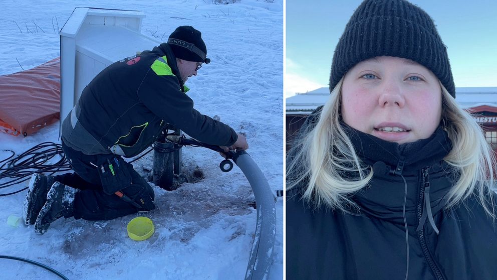 Delad bild – en rörmokare jobbar för att få i ordning en vattenledning i Sälen och sen en bild på reporter Sofie Lind som har blont hår och en svart mössa.
