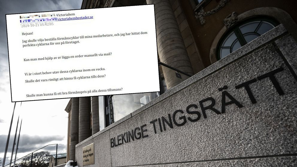 Utdrag ur polisens förundersökning inklippt på bild på Blekinge tingsrätts fasad