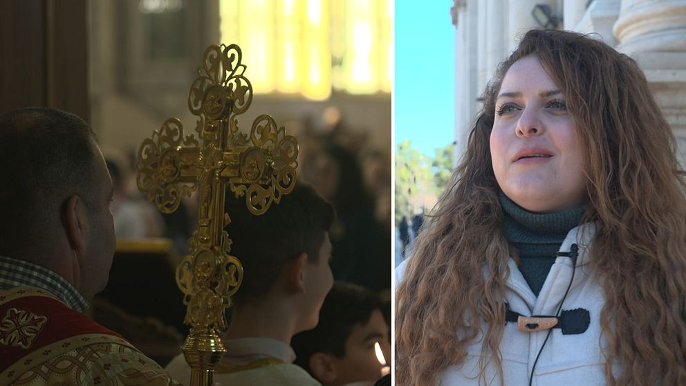 Bilden är delad i två sektioner. Den vänstra sektionen visar en guldutsmyckad kors som hålls av en man under en religiös ceremoni, med en liten pojke synlig i bakgrunden. Den högra sektionen visar en kvinna med långt, lockigt hår som står utomhus med en klar himmel i bakgrunden.