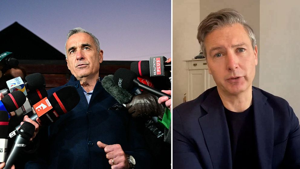 En delad bild som visar två sektioner. Till vänster syns en person omgiven av mikrofoner från olika nyhetskanaler, vilket indikerar en presskonferens eller intervju. Till höger föreställer en annan person som sitter i ett rum med en ljus bakgrund, troligtvis under en videokonferens eller ett samtal.