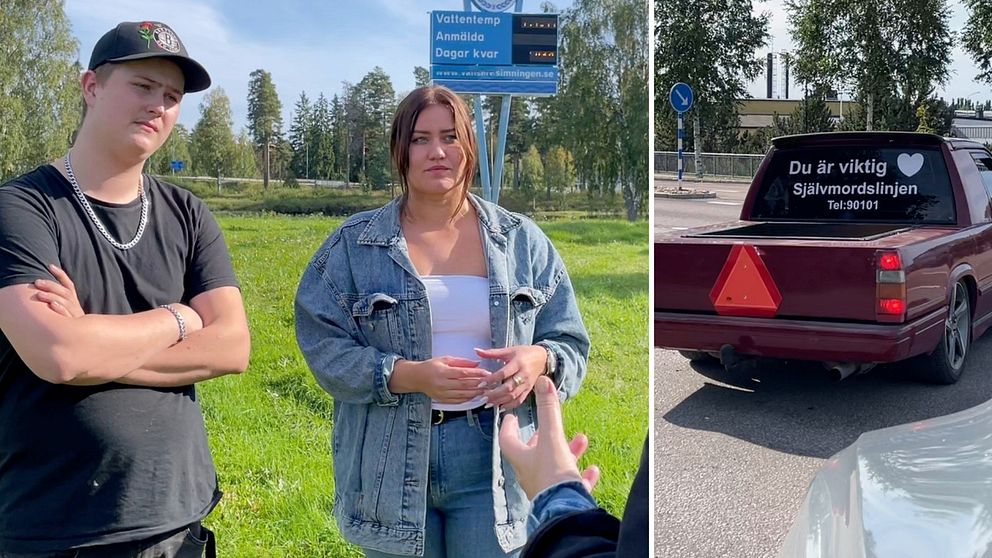 Delad bild – till vänster en bild på två personer, en kille med svart t-shirt och silvrigt halsband och keps, samt en tjej med brunt och jeansjacka. Till höger en bild på en a-traktor med en dekal som hänvisar till självmordslinjen.