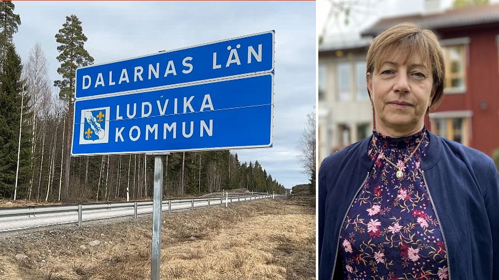 En  typisk svensk landsbygdsscen med en vägskylt som markerar övergången till Dalarnas Län och Ludvika Kommun. Skylten, som är blå med vit text och det gula Dalarnas landskapsvapen, står vid en vägkant. I bakgrunden syns ett kalt trädlandskap under en grå himmel, vilket antyder att det är sent på hösten eller tidigt på våren. Till höger i bilden finns en person klädd i en blommig blus och mörk jacka, stående framför ett rött hus med vita knutar.  Det är Ljusnarsbergs kommunalråd Ewa-Leena Johansson (S).