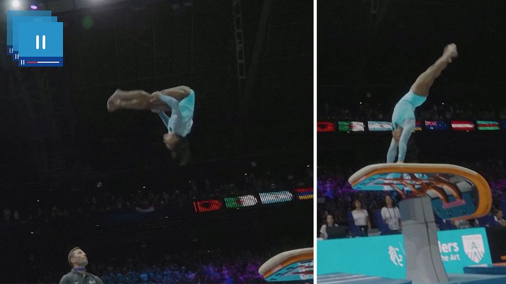 Två bilder på Simone Biles mitt i ett hopp under VM