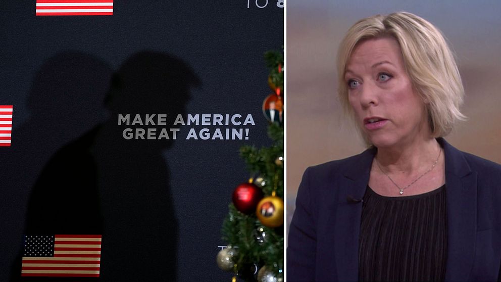 Skuggan av Donald Trump över hans valslogan ”Make America great again”, t.v.. T.h. Sveriges Radios Washingtonkorrespondent Ginna Lindberg.