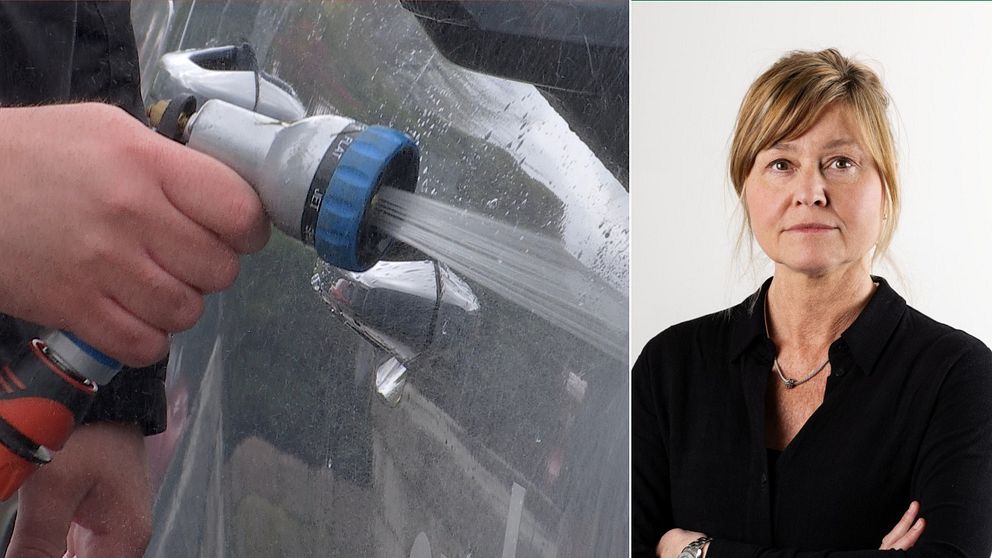 Delad bild. Till vänster: en person tvättar bilen. Till höger: En pressbild på
