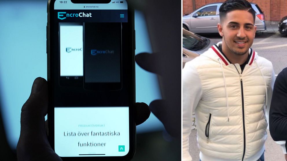 En mörk gestalt scrollar på en telefon som det står Encrochat på. Till höger en bild på en ung man i vit jacka.