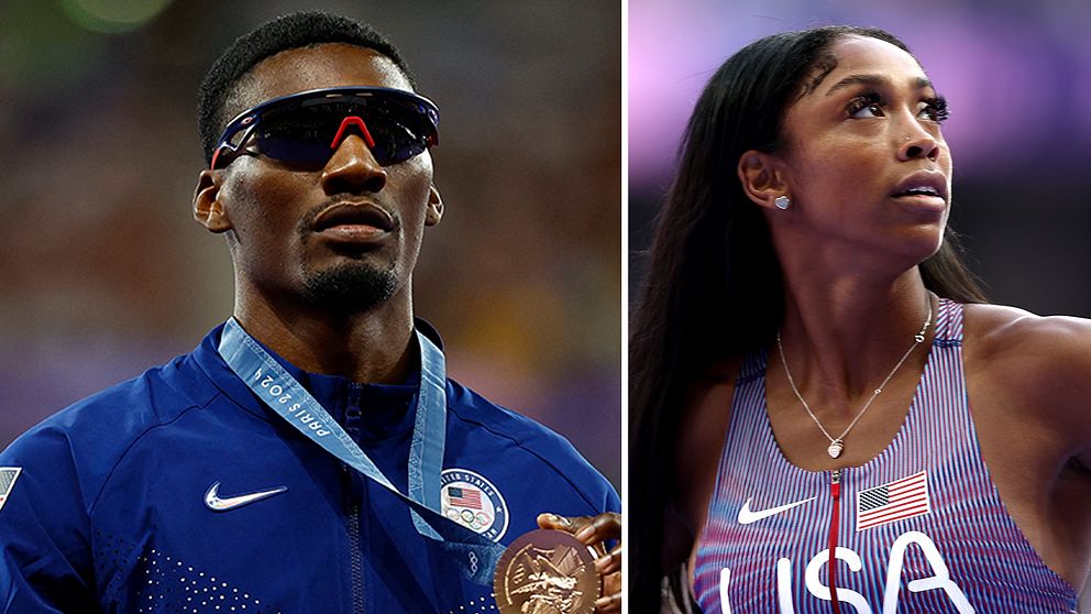 Delad bild. Till vänster: friidrottare med medalj. Till höger: friidrottare i USA-dräkt.