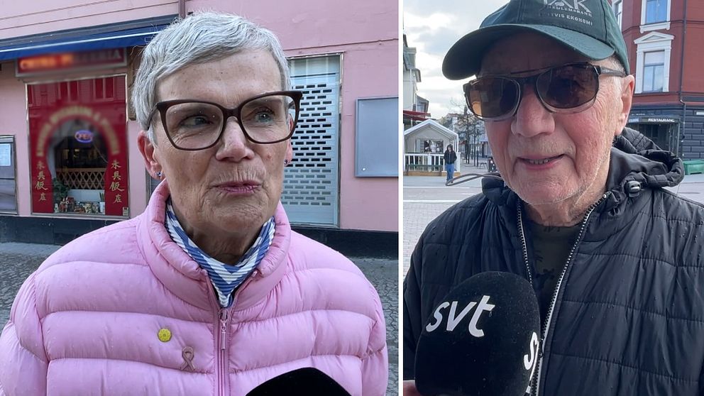 Delad bild. Vänster: person i rosa jacka intervjuas, höger: person i svart jacka intervjuas.