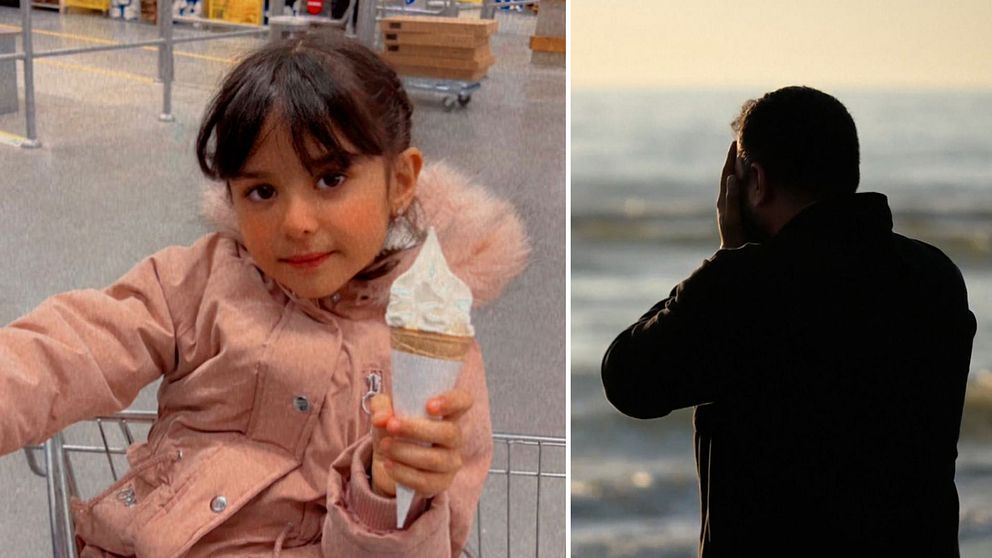 Bild på Sara, 7 år, och bild på hennes pappa som gråter vid havet