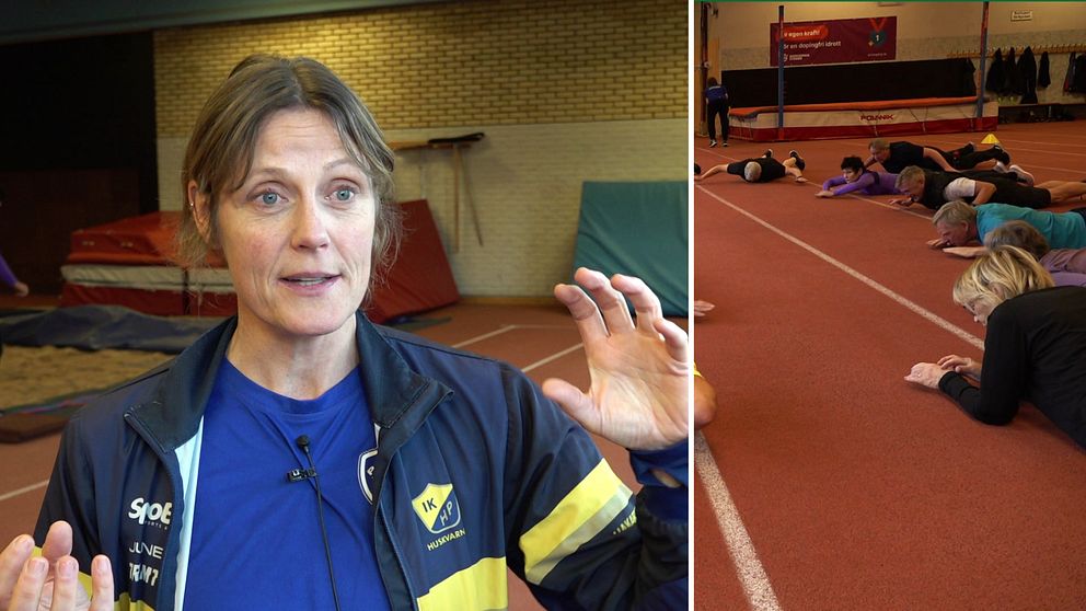 Kvinna, Anna Ek, i träningskläder  samt friidrottare på golvet som stretchar