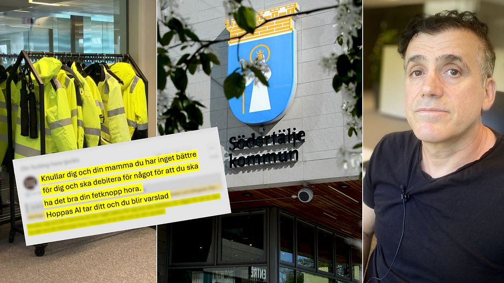 bild på gula bygglovsjackor, ett ilsket mejl, Södertälje kommun och en man i svart t-shirt