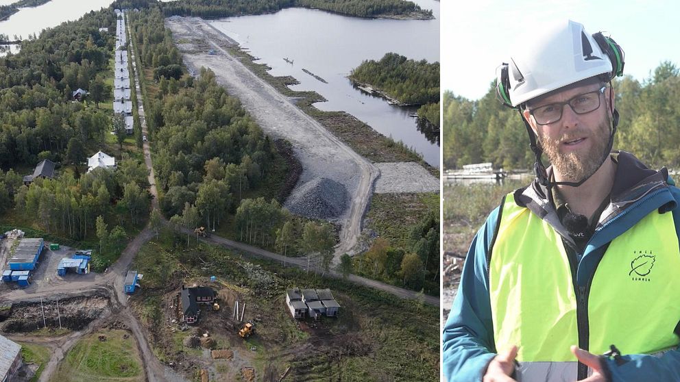 Vy över långgrundet som saneras på Norrbyskär. Portätt av miljöingenjören Jonas Fagerman, iklädd reflexväst, glasögon och vit hjälm.