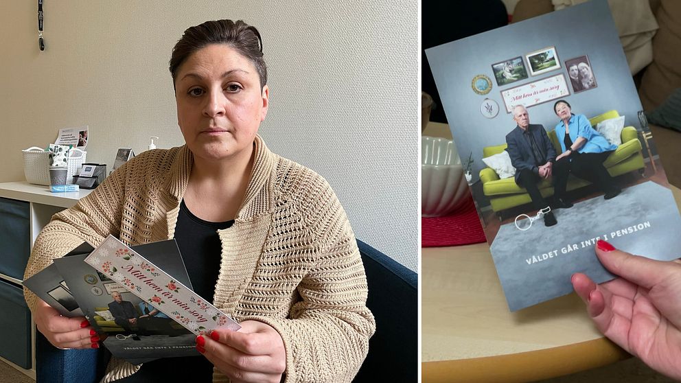 Tvådelad bild. Vänster: Person håller broschyr. Höger: Hand visar broschyr med två personer.