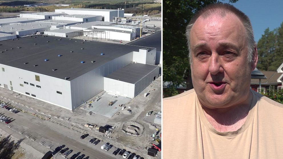 Mikael Stenmark i ljus t-shirt samt Northvolts fabrik i Skellefteå fotograferad från ovan.