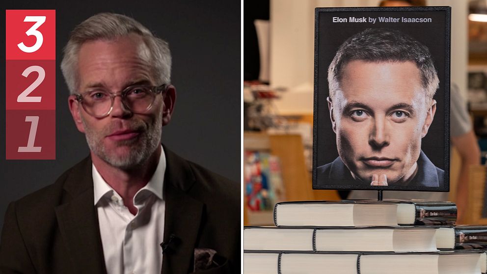 Alexander Norén i bild till vänster och en trave med Elon Musk-böcker till höger.