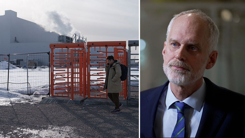 Tvådelad bild. Vänster: person går vid fabriksgrind. Höger: En man i kostym