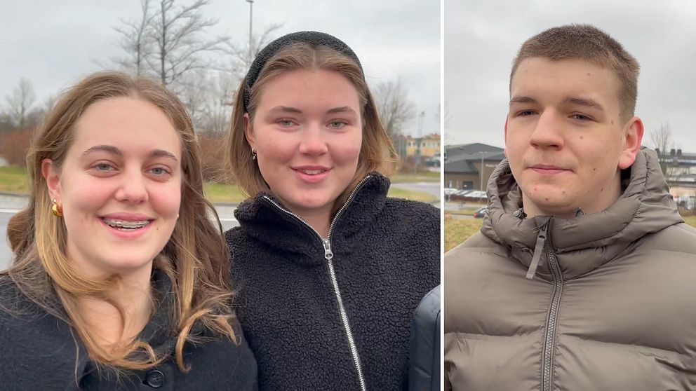Bildens vänstra sektion visar två personer utomhus, klädda i mörka jackor, medan den högra sektionen visar en person klädd i en grå jacka, också utomhus. Bakgrunden består av en mulen himmel och träd utan löv.