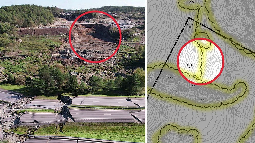 Skredet vid E6 i Stenungsund. Karta från de geotekniska undersökningarna som visar samma plats, men med en felaktighet, markerad med en röd cirkel.