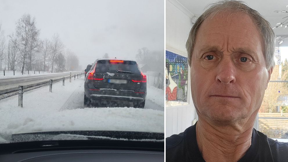 Bild på en bilkö tagen inifrån en av bilarna på E20 och en bild på Tommy Hillding.