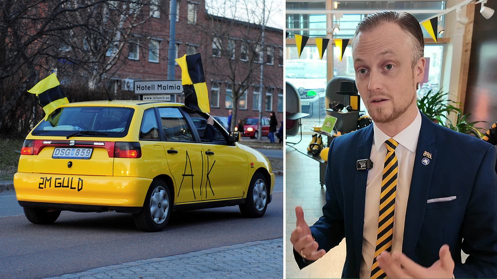 Delad bild. En gul bil med gulsvarta Skellefteå AIK-flaggor och text på. Moderata politikern Andreas Löwenhöök iklädd svartgul slips och kavaj.