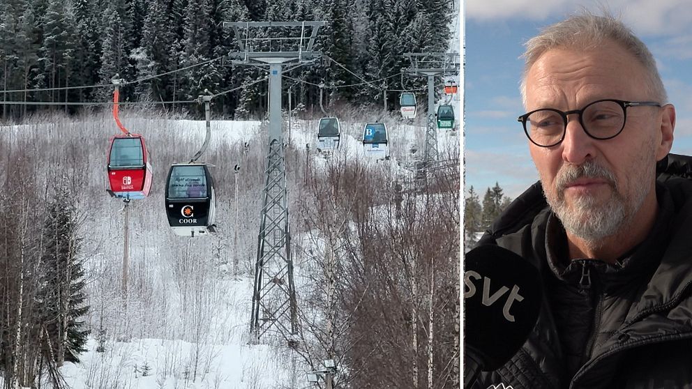 En delad bild visar en skidbacke med en rad av skidliftgondoler som löper genom ett snötäckt landskap. Vid sidan av denna scen finns en suddig bild av en person som håller en mikrofon med SVT-logotypen.