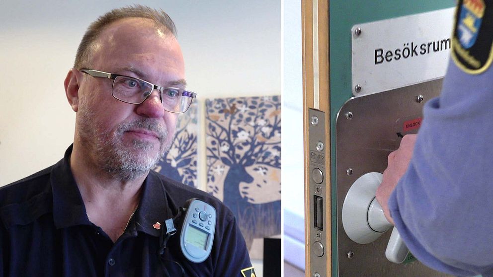 Mikael Andersson, kriminalvårdare och vide ordförande i fackförbundet Sekos avdelning på häktet. Till höger: Kriminalvårdare öppnar dörr till besöksrum.
