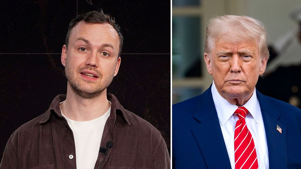 Delad bild. Till vänster: person i mörk skjorta. Till höger: Donald Trump i kostym och röd slips utomhus.