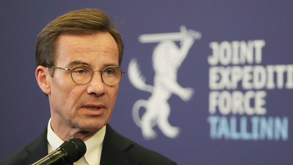 En person i kostym talar vid en mikrofon under en presskonferens i Tallinn, med en bakgrund som visar texten ”JOINT EXPEDITIONARY FORCE TALLINN” och en symbol av en lejonfigur.