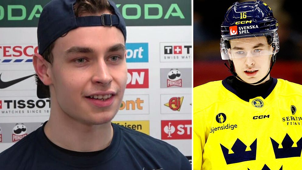 Felix Unger Sörum intervjuas av SVT efter att ha blivit uttagen i Tre Kronors VM-trupp.