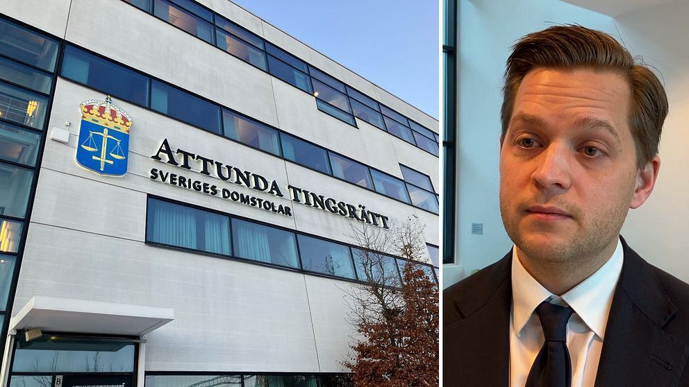 Till vänster Attunda tingsrätt, till höger en man med kavaj och slips.