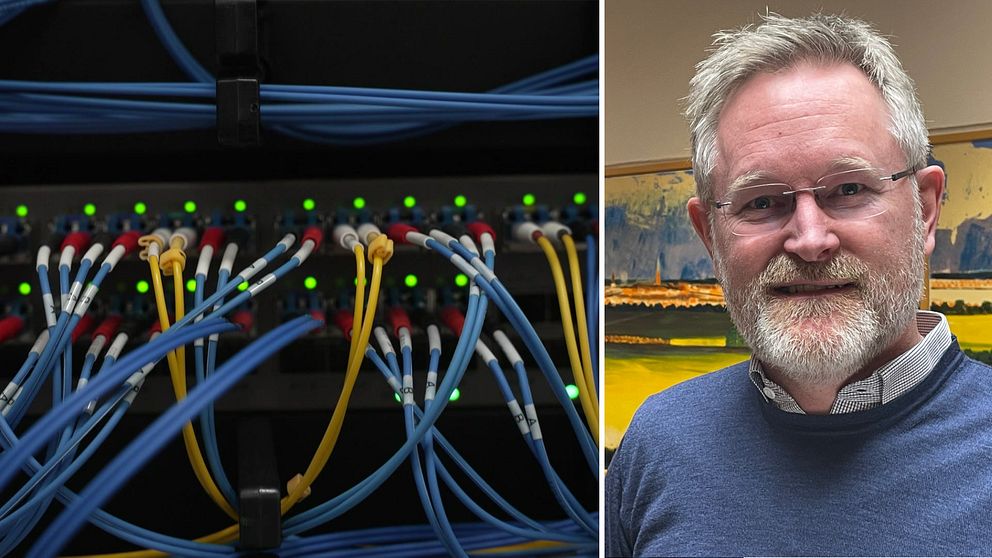Tvådelad bild. Vänster: nätverkskablar i serverrack, höger: Lars Tegnemyr i inomhusmiljö.