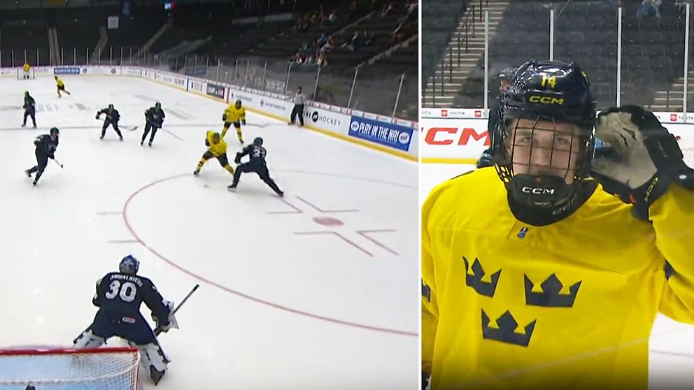 Delad bild. Vänster: hockeymatch med målvakt och utespelare. Höger: svensk spelare i gul tröja.