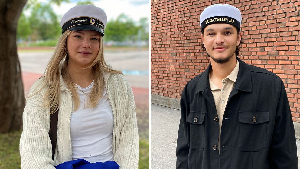 Två studenter som går ut från Hedbergska gymnasiet i Sundsvall. Båda har vit studentmössa på huvudet.