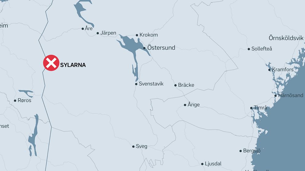 karta över Jämtland med ett kryss för olycksplatsen vid Sylarna