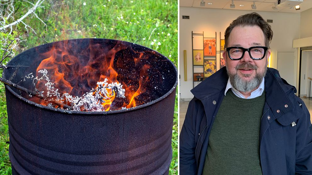 En tunna med trädgårdsavfall brinner. Kommunalrådet Jari Puustinen (M) står i kommunhuset i Eskilstuna.