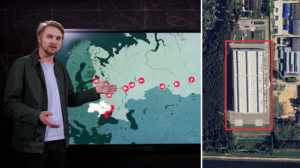 karta över rysk försvarsindustri samt en satellitbild på fabriken i Dubna