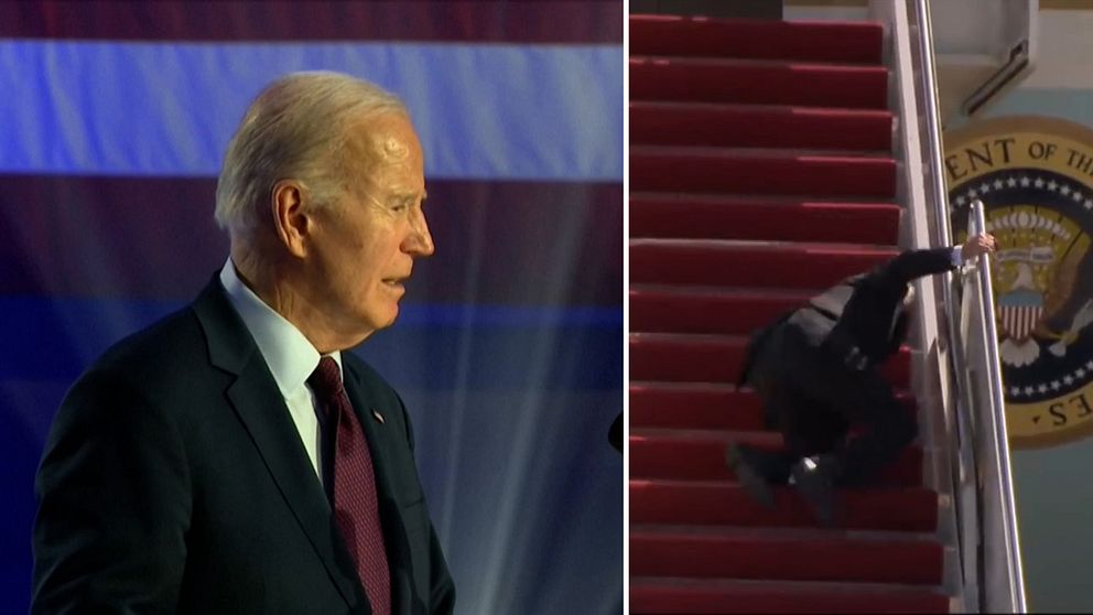 President Joe Biden ramlar i en trappa.