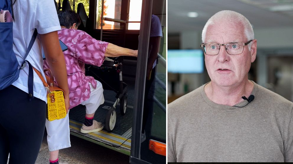 En äldre kvinna stiger på en buss och regionpolitiker.