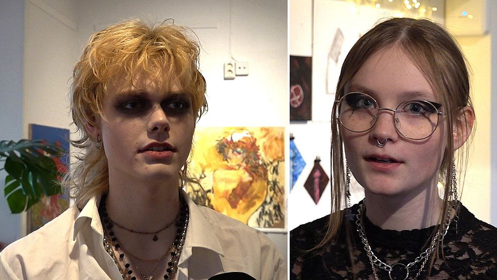Tvådelad bild. Vänster: Sminkad kille framför med målningar. Höger: Ung tjej med glasögon framför konstverk på gallerivägg.