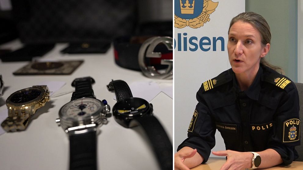 Bildens vänstra sida visar en uppsättning dyra klockor i olika stilar och färger, inklusive guld- och silverfärgade alternativ. Till höger syns en person klädd i en polisuniform som sitter vid ett bord med en bakgrund som inkluderar en officiell logotyp för polisen.