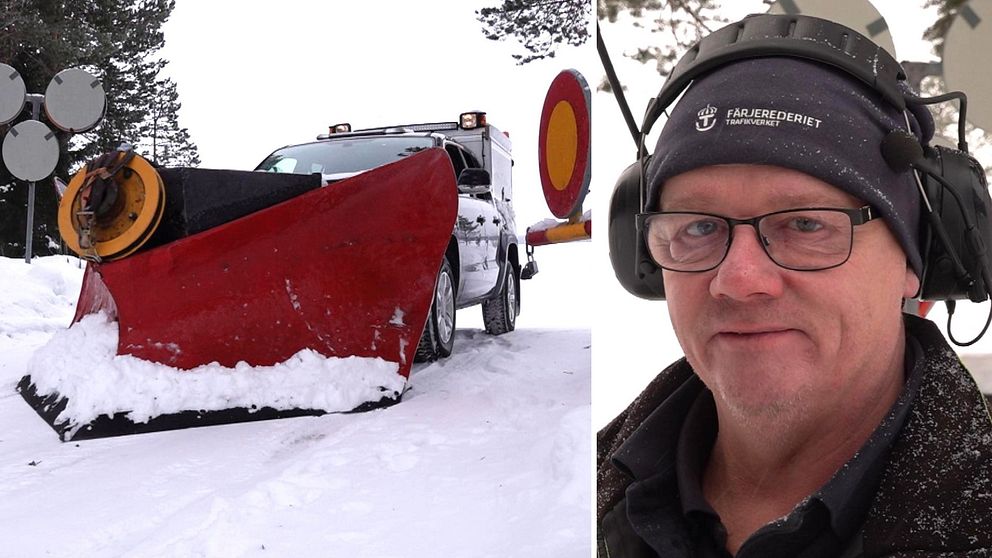 Snöplog åker genom vägbom ner mot isvägen på Storsjön. Isvägsansvarige, Per-Ola Zakrisson, berättar om säkerhetsarbetet med isvägarna.