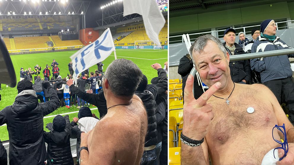 En delad bild som visar två scenarier från en fotbollsmatch. Den vänstra sektionen visar en grupp entusiastiska supportrar med en flagga som hyllar sitt lag, medan spelarna firar i bakgrunden. Den högra sektionen visar en ensam supporter som poserar utan tröja, med en gest av seger och en pins från laget. Stadion är delvis upptagen med åskådare.