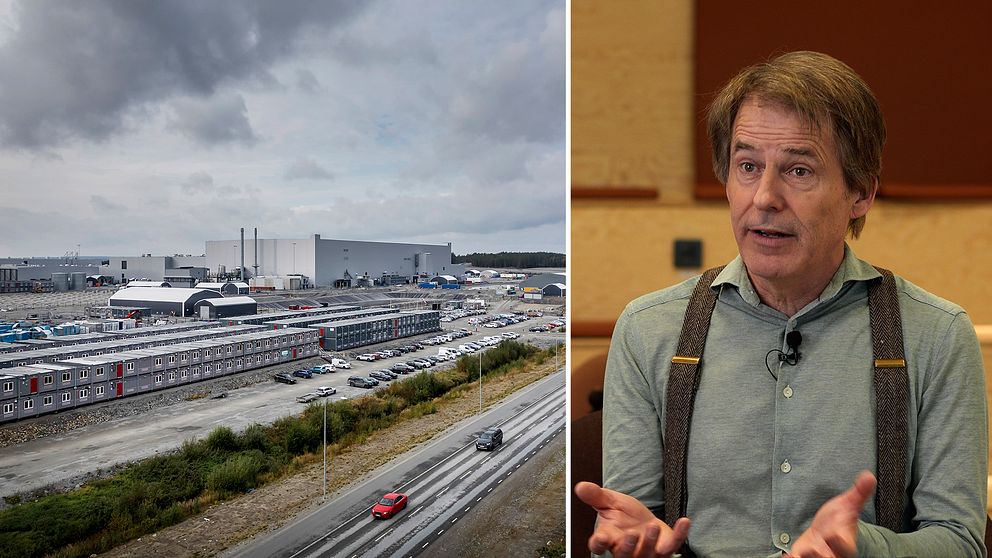 Tvådelad bild. Vänster: industriområde med molnig himmel. Höger: person gestikulerar under intervju.