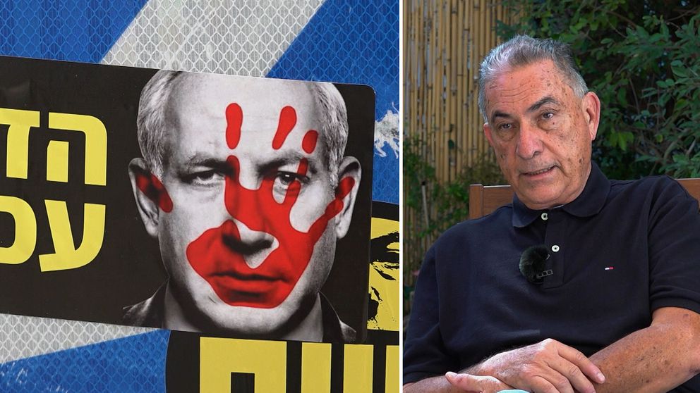 Affisch på Netanyahu med ett ”blodigt” handavtryck över ansiktet.