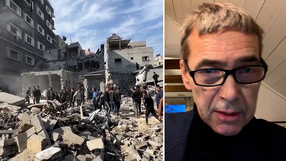 En bild på folkrättsexperten Pål Wrange och en bild från Gaza som visar en folksamling bland ruiner.