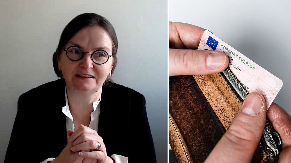 Delad bild. Vänster: person i kavaj med knäppta händer. Höger: hand tar ut körkort ur plånbok.