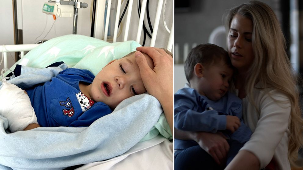 Till vänster en liten pojke i en sjukhussäng, till höger samma pojke i sin mammas famn.
