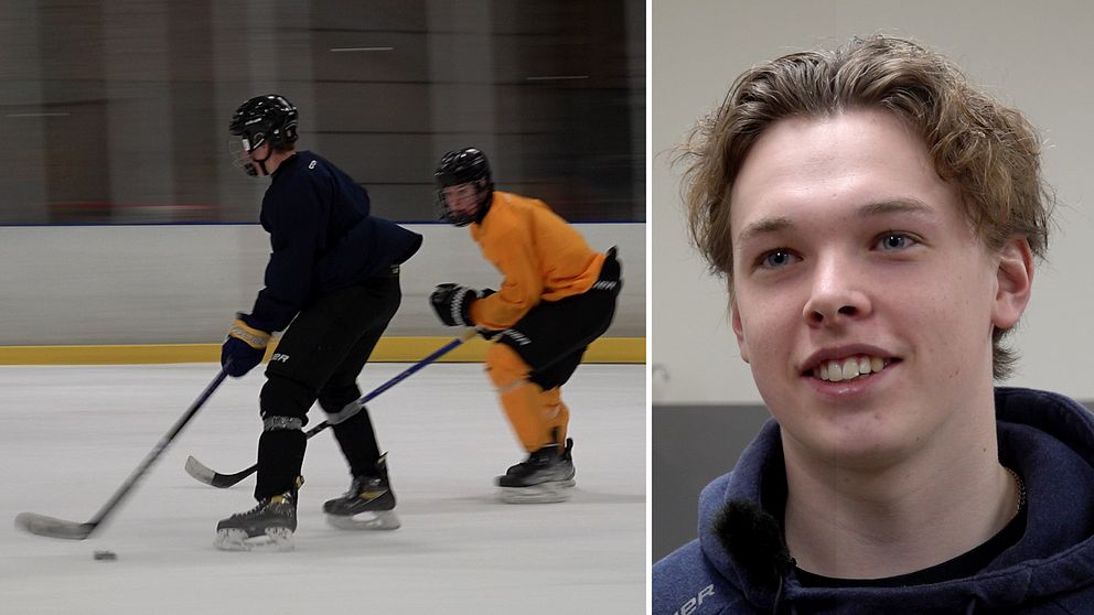 Till vänster: Två hockeyspelare på rink. Till höger: Porträttbild på 17-årige Noel Norberg.
