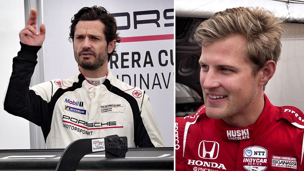 Prins Carl Philip och Marcus Ericsson i racingkläder inför lopp på Mantorp Park.
