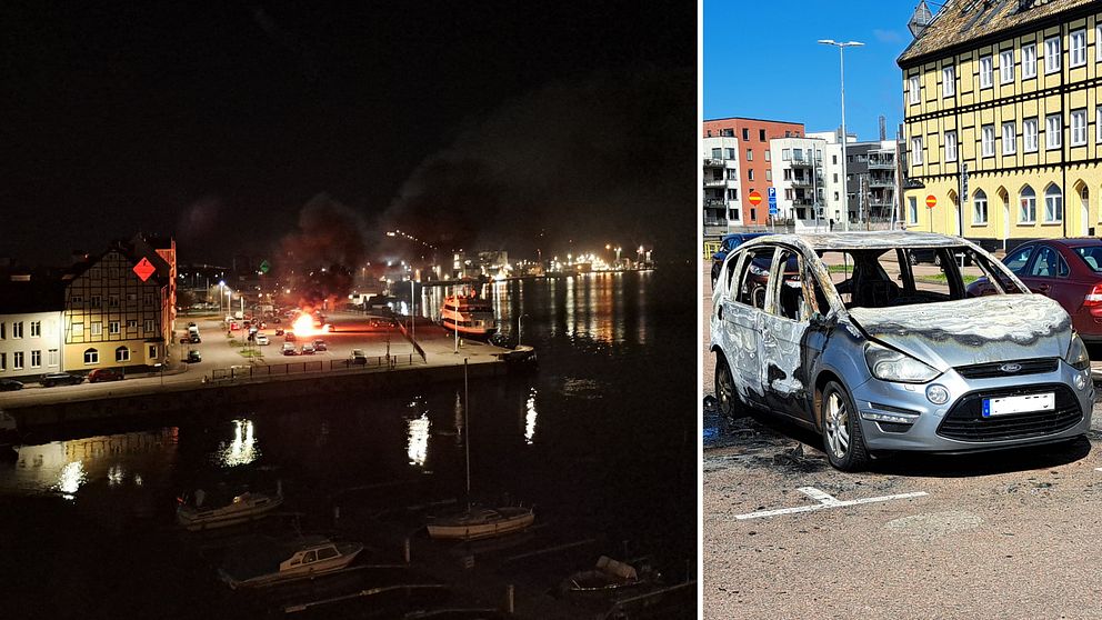 Bilder på bilen som brann i hamnen till vänster, bild på den uppbrända bilen dagen efter till höger.